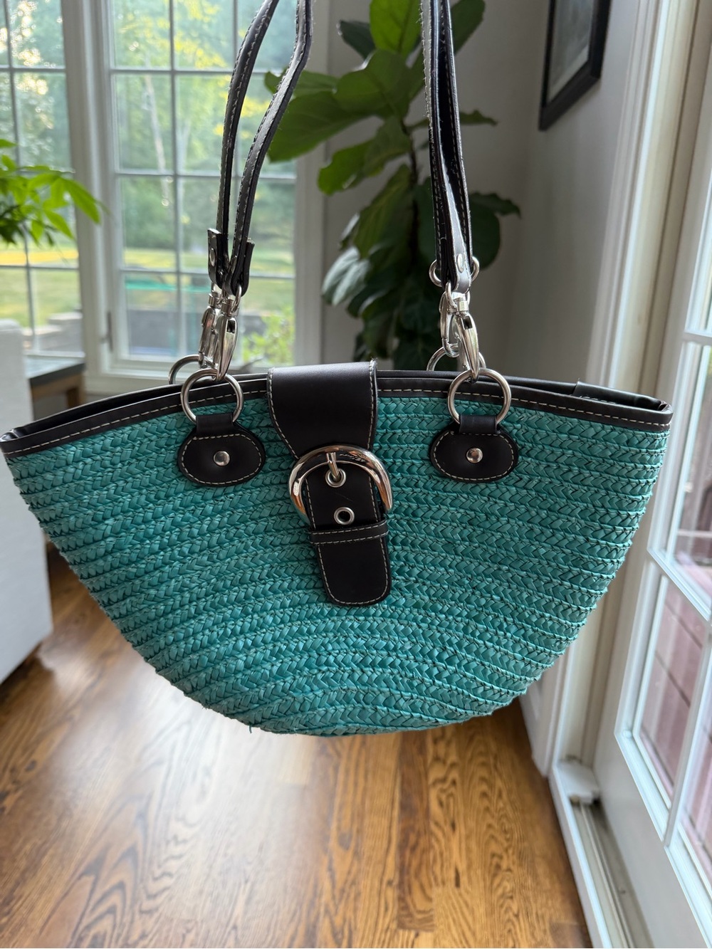 St. John’s Bay Teal Woven Tote Buckle Shoulder Bag with Faux Brown Leather Trim